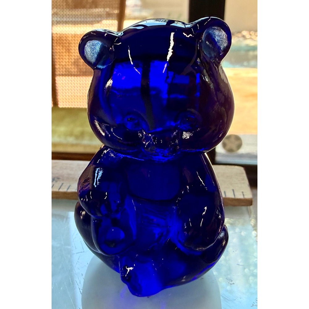 Fenton Cobalt Blue Glass Teddy Bear Figurine Vintage Paperweight stamped